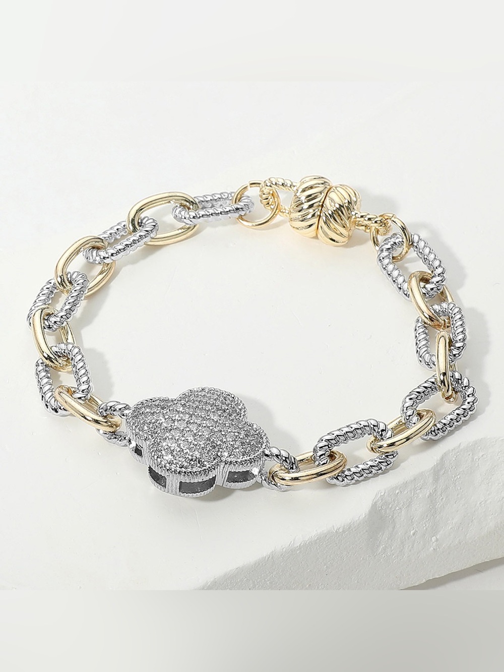 14K Gold Plated CZ Stone Paved Quatrefoil Charm Accent Chain Magnetic Bracelet